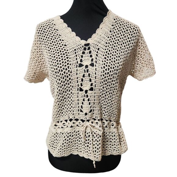 Vintage Crochet Shirt S M Cardigan Ecru V Neck Doily Scallop Loose Weave - Picture 1 of 9